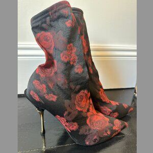 Dolce & Gabbana Black/Red Rose Jacquard Fabric Boots Size 38.5 WORN ONCE